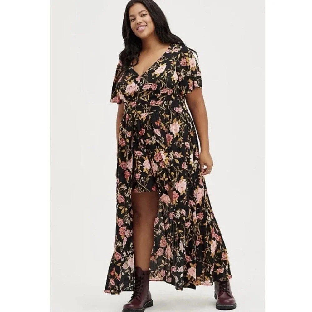 Torrid Walk Through Dress Romper Women Plus Size 20 Black Peach Floral V Neck BK - Picture 1 of 12